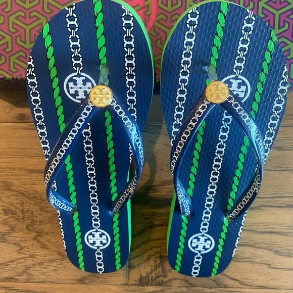 New Tory Burch Navy Sea Gemeni Rope Spring Green Flip Flops Size 6 Style 38959 - Picture 8 of 9